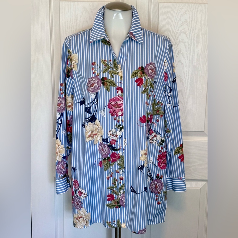 Chico's Blue and White Striped No Iron Floral Shirt. Size 1 (Medium) US 8 - 10